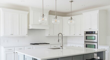 Brightly lit modern kitchen boasts sleek white cabinets and island. AI Generated