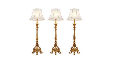Three Decorative Golden Floor Lamps Isolated On White Background Design Element Shining Illumination Elegant Interiors Home Decor And Lighting