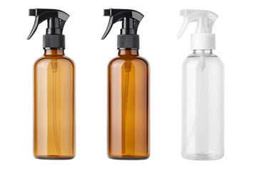 Three amber and clear glass spray bottles with black trigger nozzles for cleaning solutions, isolated on a transparent background