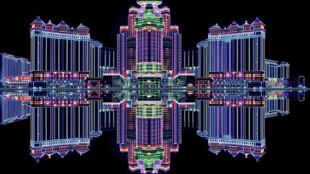 City of Macau China, symmetrical composition, minimalist shape, Cyberpunk, Vivid colors, Bioluminescene, x-ray, Pure Black background,