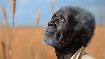 Close-Up of Elderly Black Man with White Beard & Hair Looking Up: Yellow-Toned Eyes, Wheat Stalk, Clear Sky & Blurred Golden Field