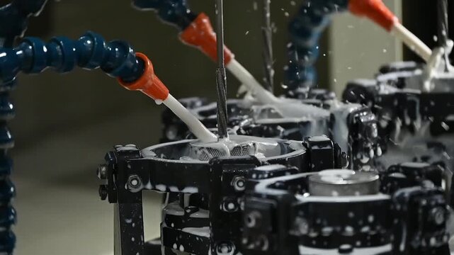 Slow motion scene the hole surface finishing process by reamer tool with liquid coolant method.