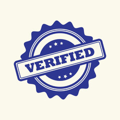 Verified authenticated confirmed check mark stamp, blue round seal badge vector label for trust and certification use