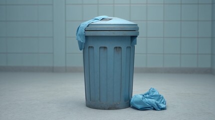 Blue Trash Bin in Clean Space with Discarded Cloth on Floor, Capturing Everyday Life and Waste Management in Modern Environment