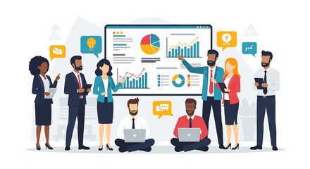 Diverse business team presenting data analysis and financial charts on a large screen.