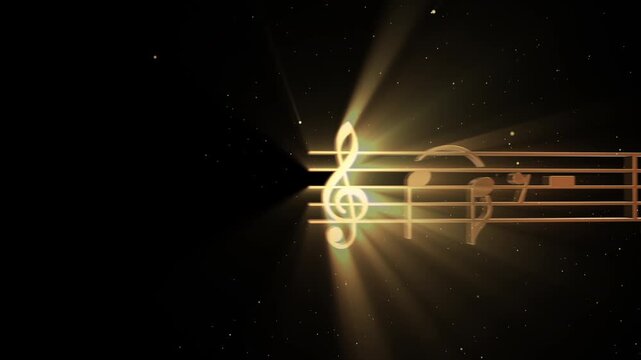 Abstract scene opener or background with 3D animation of golden musical notes and staff, glowing light rays and flying golden particles, perfect for music, concert, sound and artistic themes