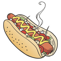 Hot dog with mustard ketchup and vegetables sausage