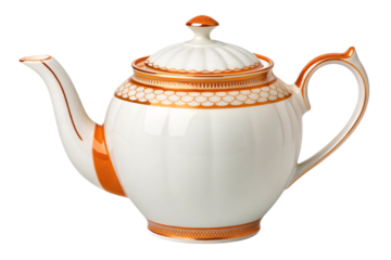 Elegant white porcelain teapot with orange gold trim and decorative pattern details, isolated on a transparent background