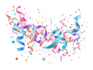 Abstract protein structure, many colorful ribbons/loops, scattered dots/spheres, complex 3D arrangement