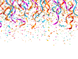 Colorful confetti and ribbons raining down on black background