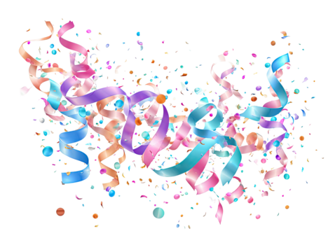 Abstract protein structure, many colorful ribbons/loops, scattered dots/spheres, complex 3D arrangement