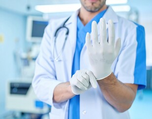 Man putting on surgical gloves in operating room