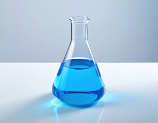 Erlenmeyer flask with blue liquid on white background