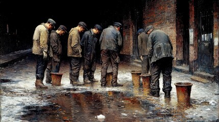 Seven Men in Dark Clothing Around Buckets in a Wet Alleyway