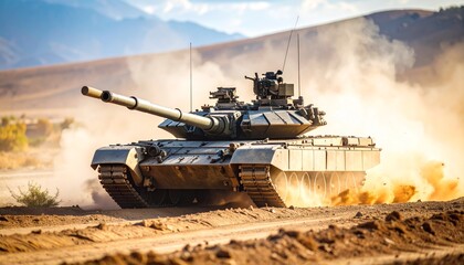 Action-Packed Scene of Military Tank on Dusty Battlefield, Turret Ready for Attack, Demonstrating Armored Combat and Army Power