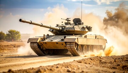 Military Tank Charging Forward Through Dusty Battlefield with Turret Aimed, Showcasing Armored Combat Vehicle in Action for Army Operations