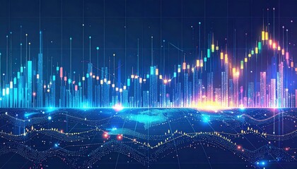 Digital abstract of glowing financial data with a world map backdrop and vibrant red and blue hues, showing stock trends and market activity