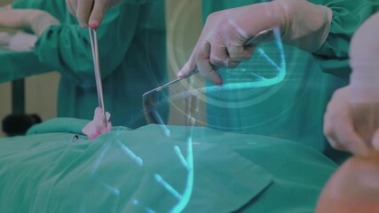 Dna structure spinning against mid section of surgeons performing operation in operation theatre - Powered by Adobe