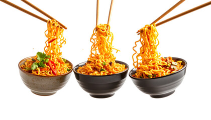 Dramatically lit Asian-themed tilted bowls of spicy noodles with chopsticks lifting noodles into the air, flying mid-motion. Rendered in a detailed, super-realistic style.