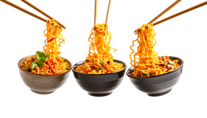 Dramatically lit Asian-themed tilted bowls of spicy noodles with chopsticks lifting noodles into the air, flying mid-motion. Rendered in a detailed, super-realistic style.