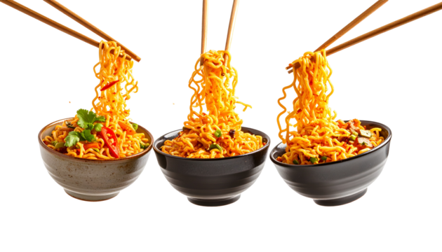 Dramatically lit Asian-themed tilted bowls of spicy noodles with chopsticks lifting noodles into the air, flying mid-motion. Rendered in a detailed, super-realistic style.