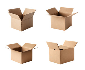 Four open cardboard boxes.  Each box is a light brown color and is shown from a three-quarter view with the top flaps open.  The boxes are identical in shape and size