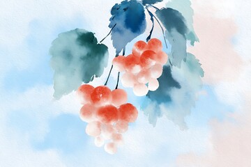 Watercolor depiction of red berries and teal leaves on light blue background