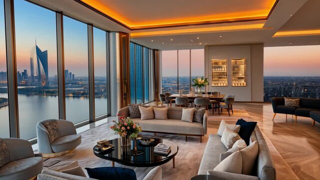Luxurious modern living room with sunset view, showcasing elegant decor and city skyline in background