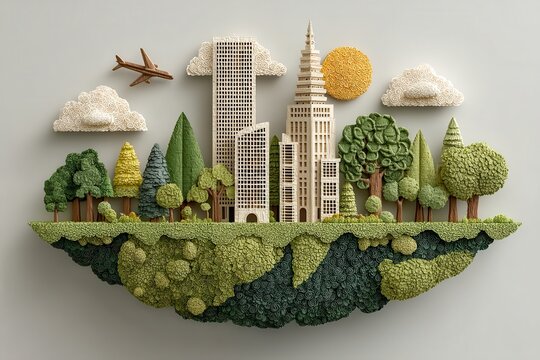 Paper art of floating urban cityscape surrounded by lush forest and sky