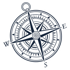 Navy blue compass rose on white navigation direction