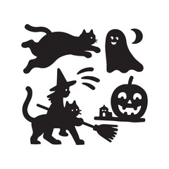  A Set depicting classic Halloween silhouettes against a stark white background. 