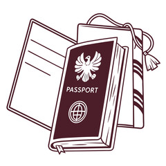 Open passport and book with eagle emblem travel document