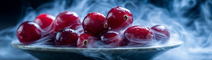 Red berries in a bowl, surrounded by dramatic dry ice smoke