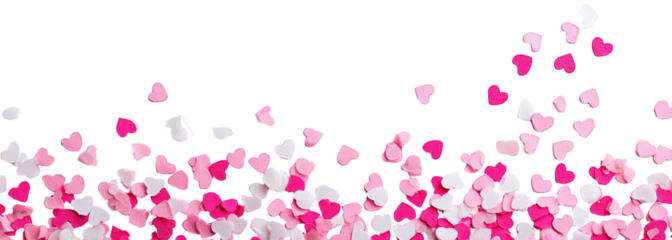 Pink and white heart confetti falling against a black background