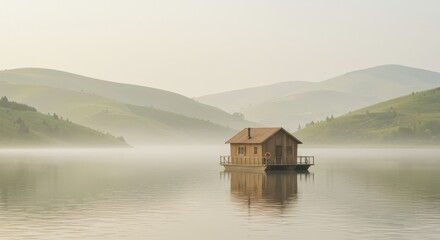 Fototapeta premium Tranquil Wooden House on Serene Lake Surrounded by Misty Mountains at Sunrise