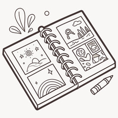 Open sketchbook with drawings and crayon vector