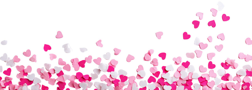 Pink and white heart confetti falling against a black background