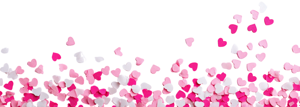 Pink and white heart confetti falling against a black background