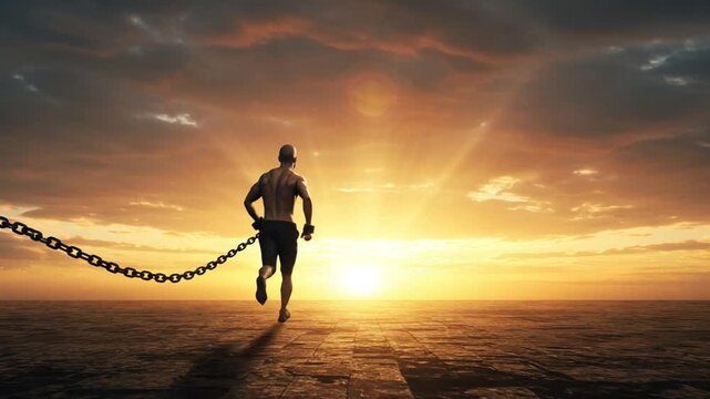 Man breaking free from chains at sunset on beach