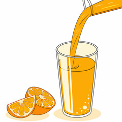 Orange juice pouring into glass with orange slices