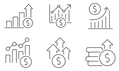 Inflation Editable Line Icons Set. Dollar chart and graph rise up, cost price increase symbol. Pictograms and infographics, business related icons. Vector illustration