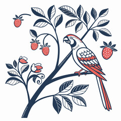 Parrot perched on strawberry branch leaves fruit