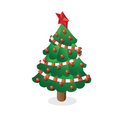 Isometric christmas tree with red star baubles and striped garland isolated on white background. Festive decoration. Concept of winter holiday celebration greeting card and seasonal design.