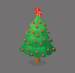 Isometric Christmas tree with red star and baubles isolated on gray background. Holiday decoration. Happy New Year. Concept of winter celebration festive design and seasonal greeting card.