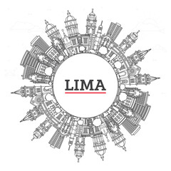 Outline Lima Peru City Skyline with Modern and Historic Buildings Isolated on White. Lima Cityscape with Landmarks and copy space.