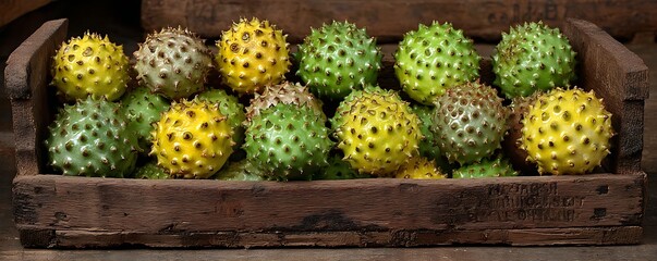Spiky, yellow and green fruits in a wooden crate