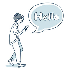 Person with phone and hello speech bubble mobile communication