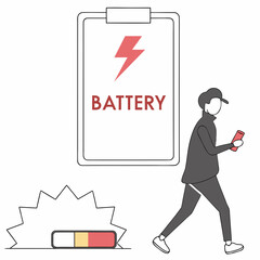 Person with phone near battery indicator low battery