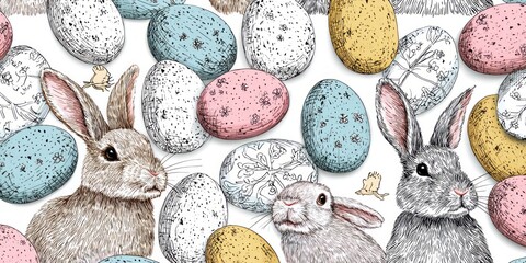 Charming Easter bunnies are surrounded by a delightful array of decorated eggs, creating a joyful and colorful spring design.