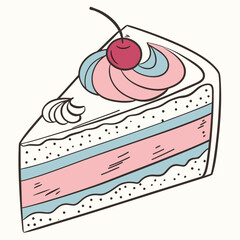 Pink blue layered cake slice with cherry dessert sweet
